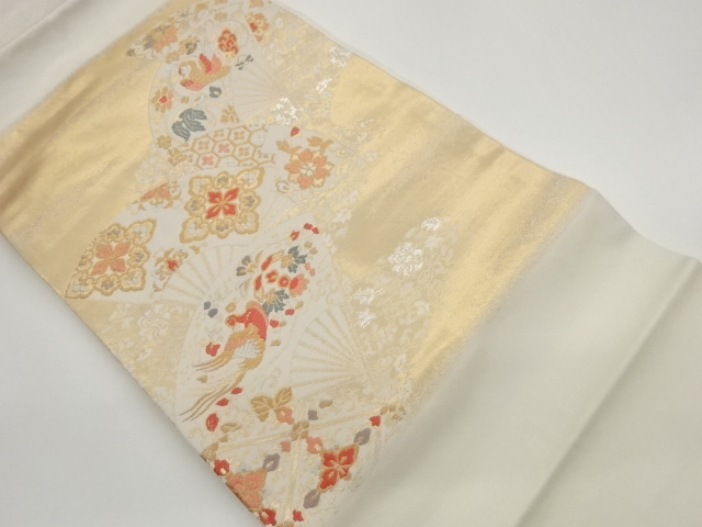 Nagoya obi with fan, flower pattern, flowers and birds, and classic pattern